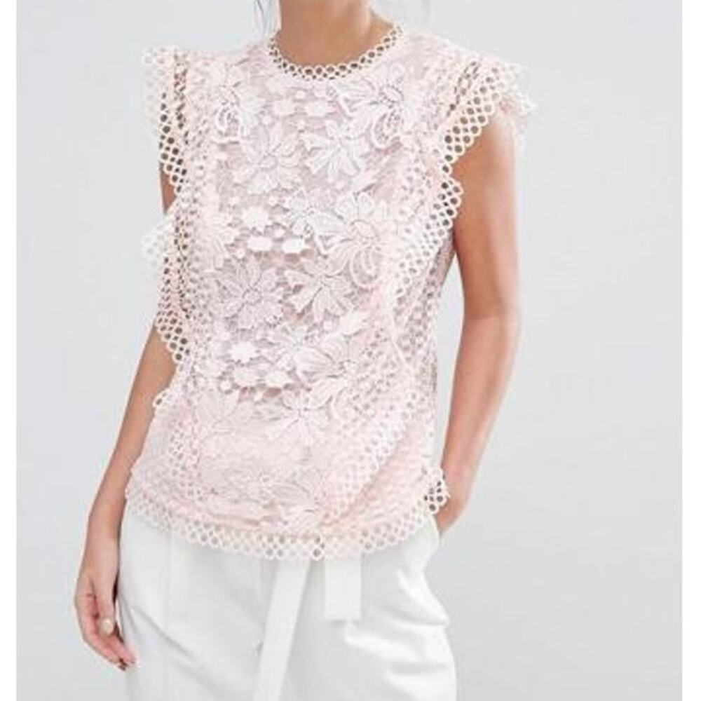 Ted Baker Zania Lace Top Light Pink Ruffle Cap Sleeve Blouse Women's 2